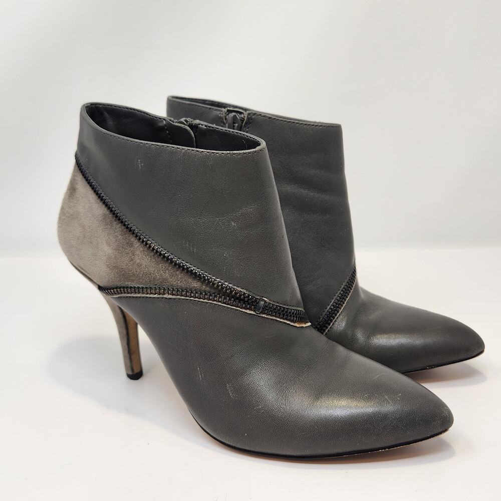 Saks Fifth Avenue Red Rylie Gray Leather Ankle Booties Size 8 M Stiletto Heel